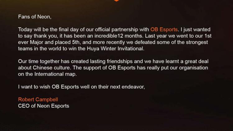 Neon Esports rompre avec OB Esports