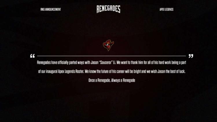 Sauceror a quitté l'équipe Renegades par Apex Legends