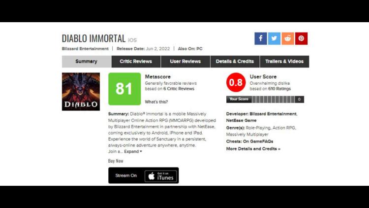 Diablo Immortal était dans le top 2 des jeux avec la pire note sur Metacritic