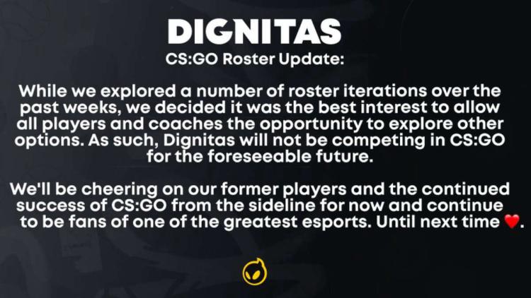 Dignitas dissout sa liste précédente et quitte CS:GO