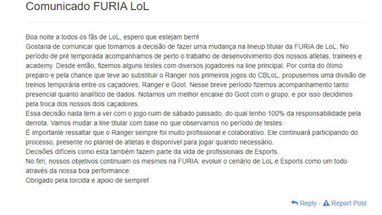 FURIA Esports a modifié sa liste en fonction de League of Legends