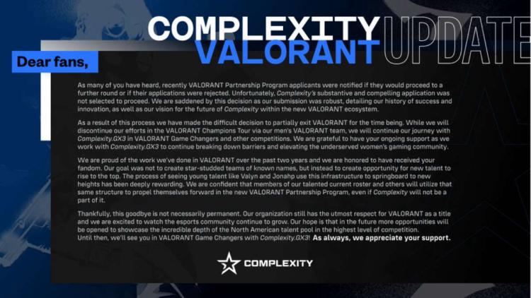 Complexity Gaming ferme le line-up masculin par VALORANT