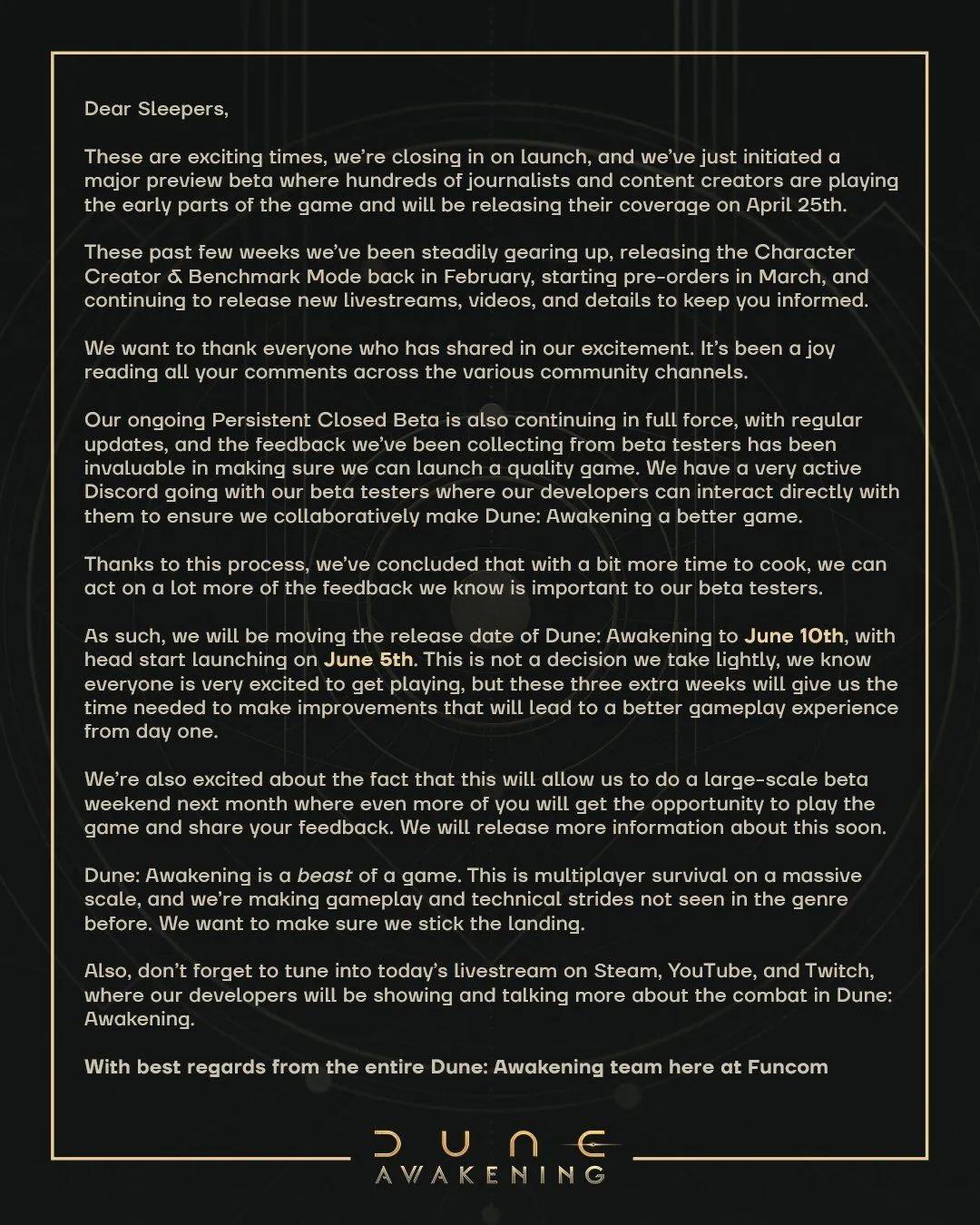 Dune : Awakening dont la sortie est reportée au 10 juin