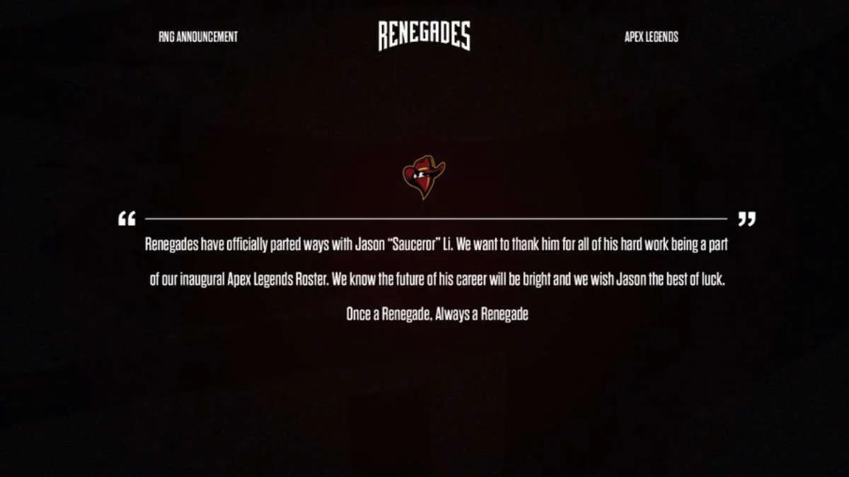 Sauceror a quitté l'équipe Renegades par Apex Legends