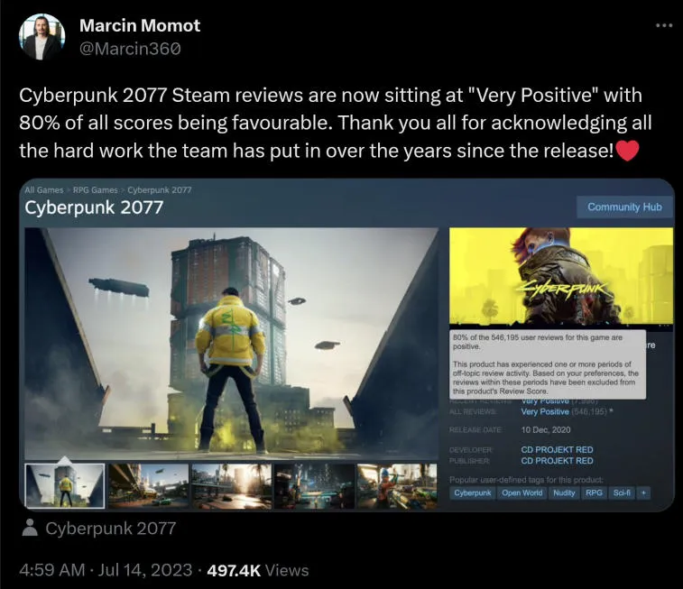 Cyberpunk 2077 Achieves 'Mind-Blowing' User Rating on Steam After Years of Development. Photo 1